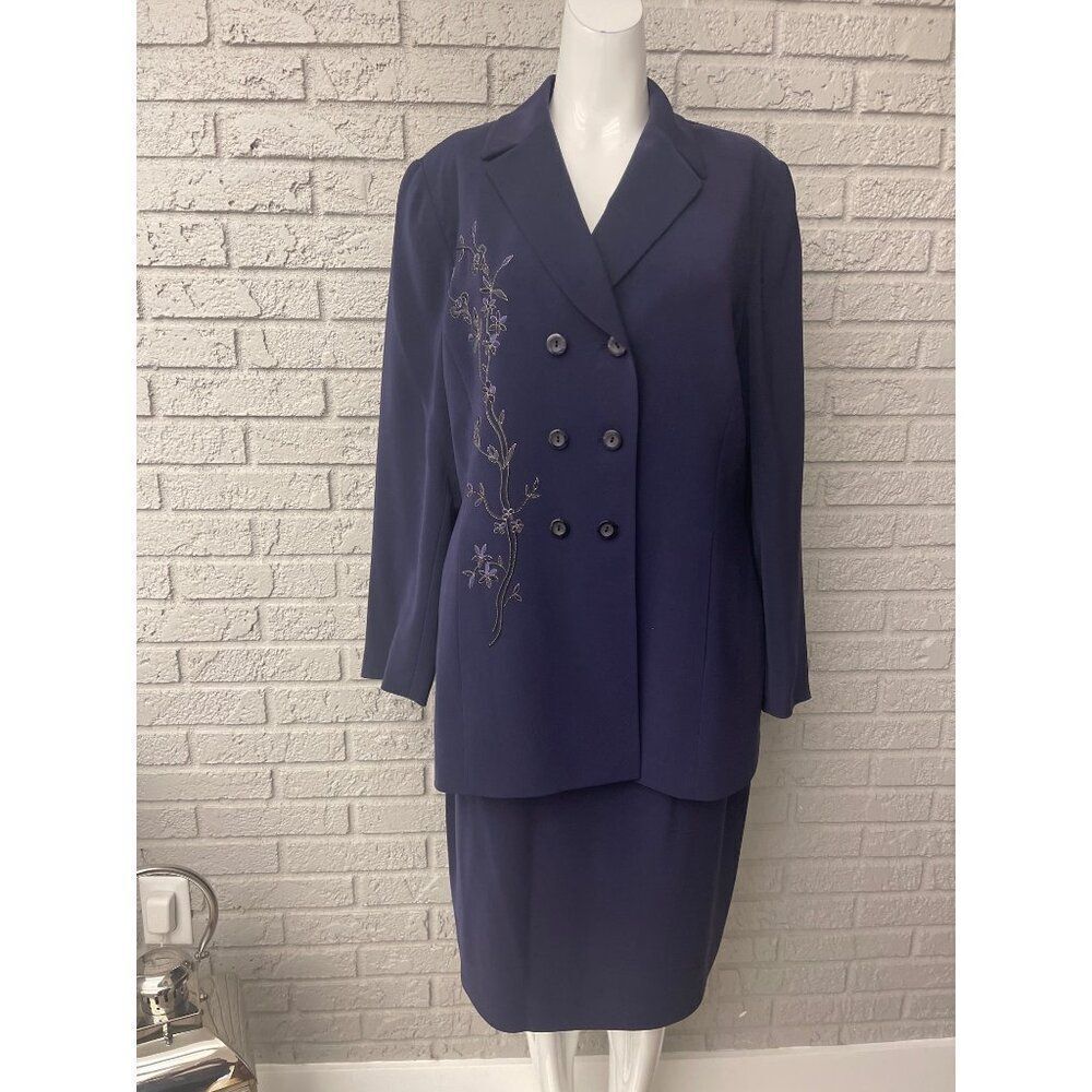 Kasper ASL Women Double Breasted Embroidered Skirt & Jacket 2 Pcs Suit Set Size